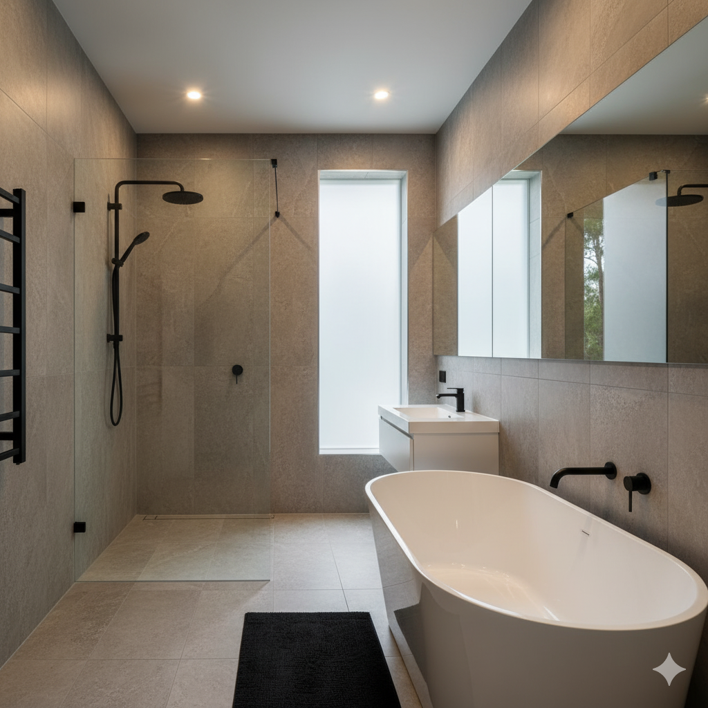 Renovated Sydney bathroom with bathtub, glass shower, and stone tiles