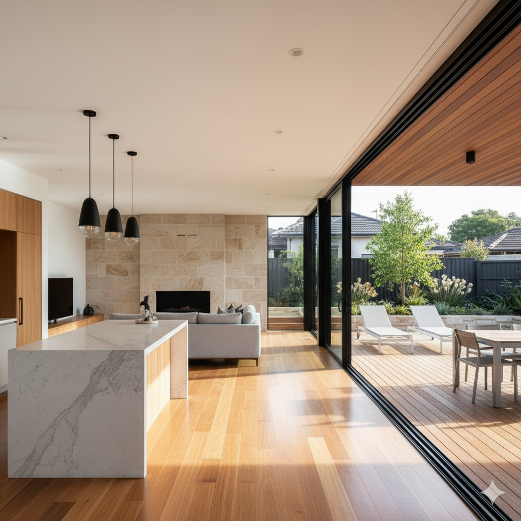 Open-plan Sydney home renovation with kitchen, timber floors, and deck.