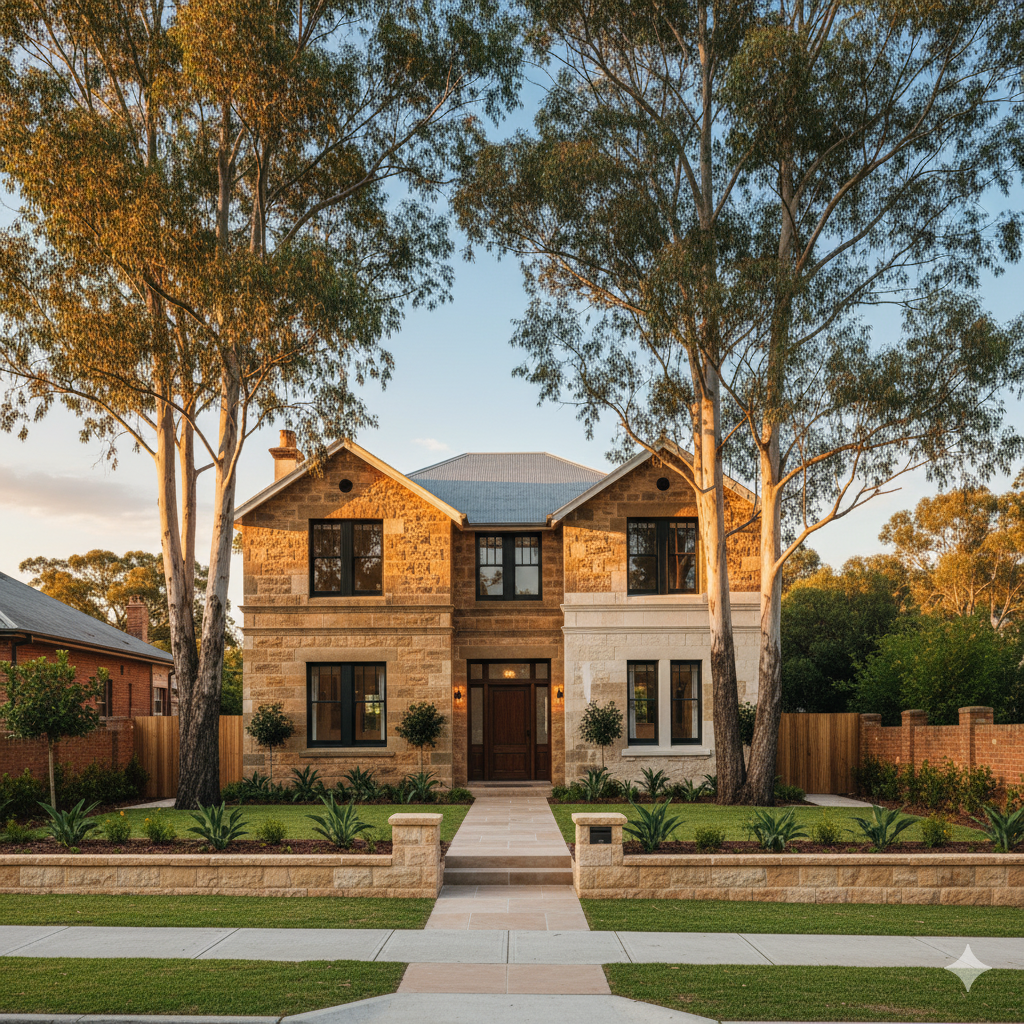 Renovated Sydney home with landscaped garden and sandstone pathway.