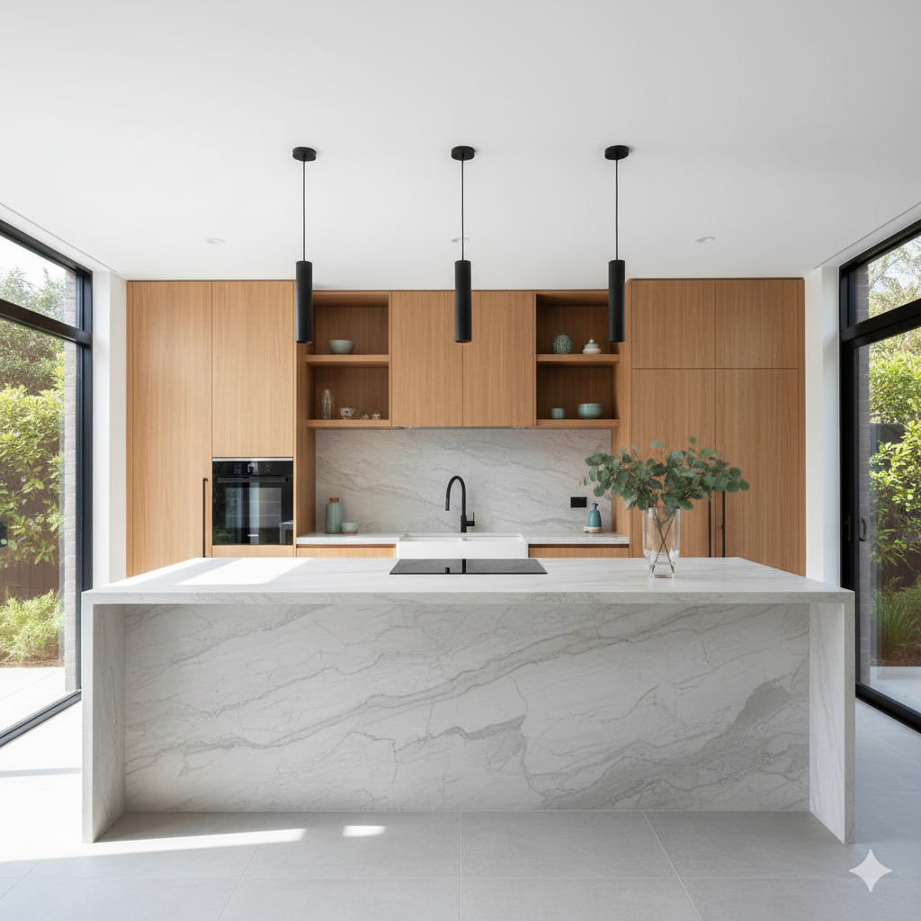 Sydney kitchen renovation with stone island, timber cabinetry, and pendant lights.