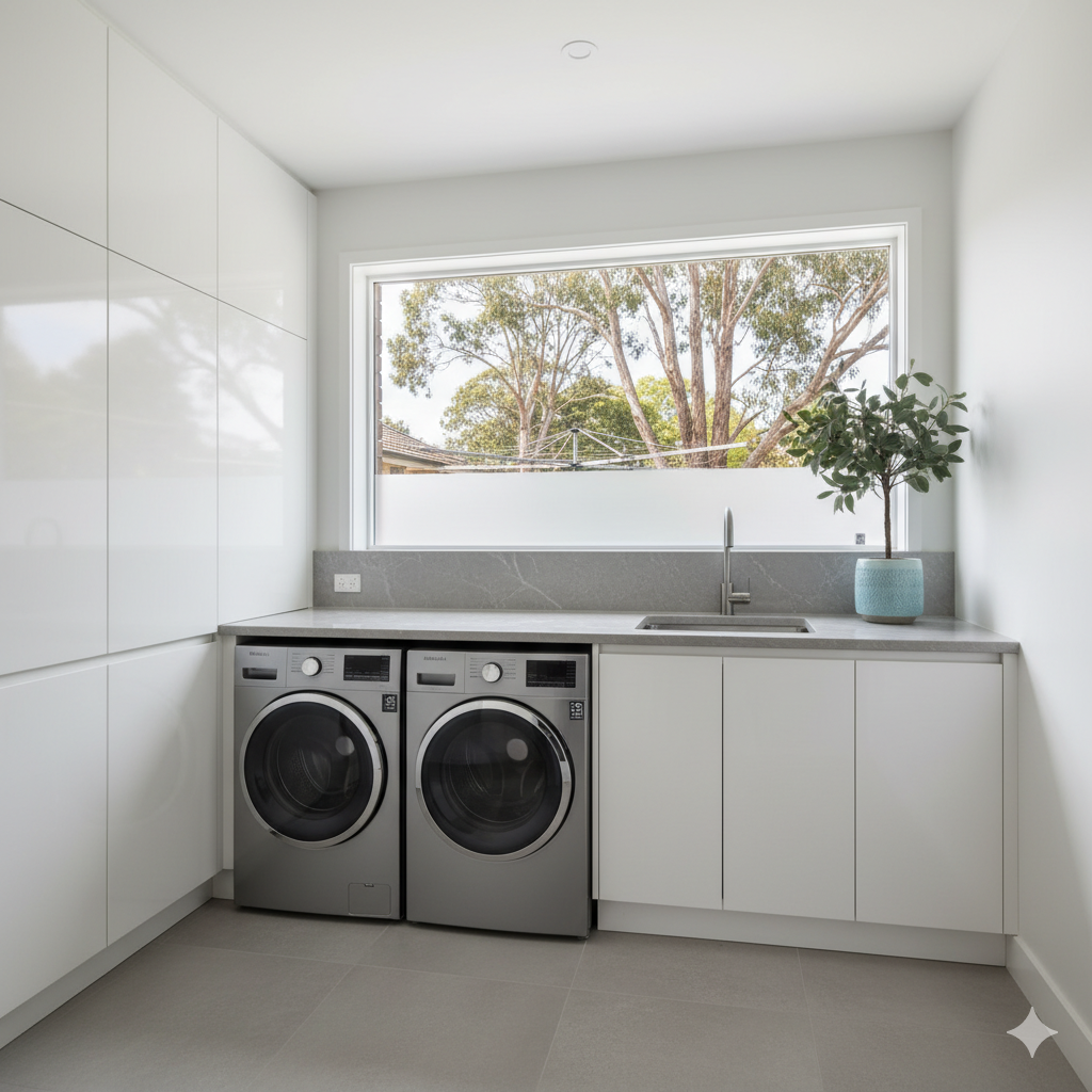 Sydney laundry renovation with modern cabinetry, washer, dryer, and eucalyptus decor