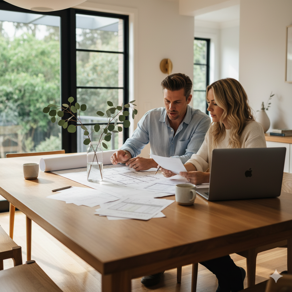 Sydney homeowners reviewing renovation budget and plans at dining table.