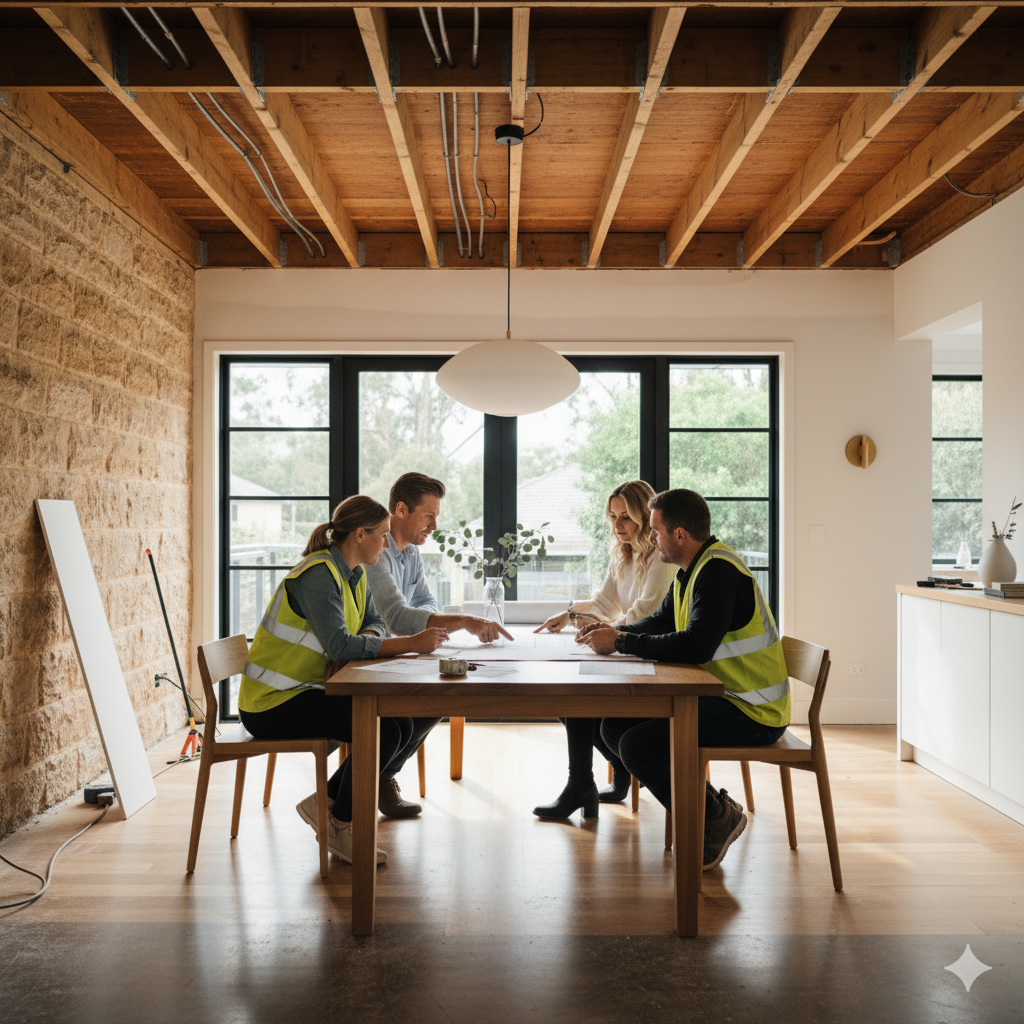 Sydney builders consulting homeowners about renovation plans inside a house.