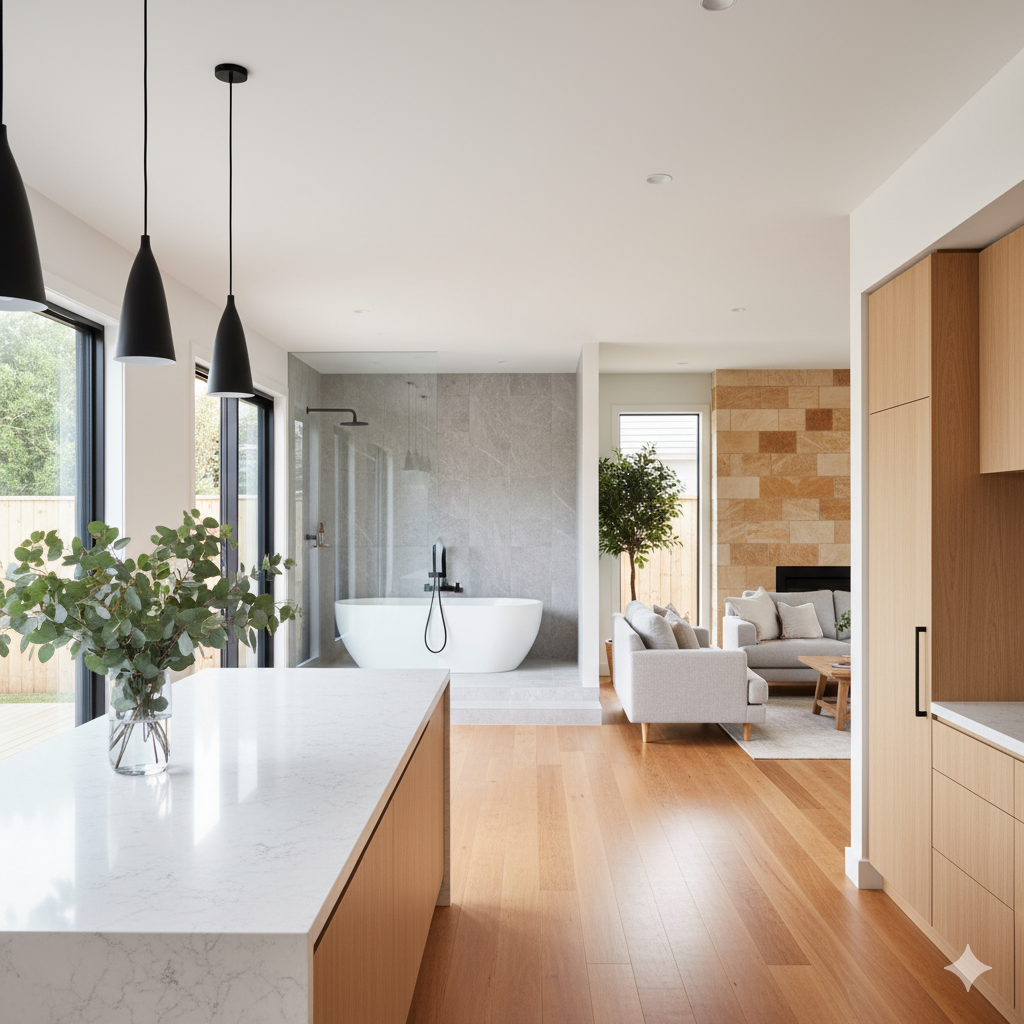 Renovated Sydney home interior with modern kitchen, bathroom, and living room