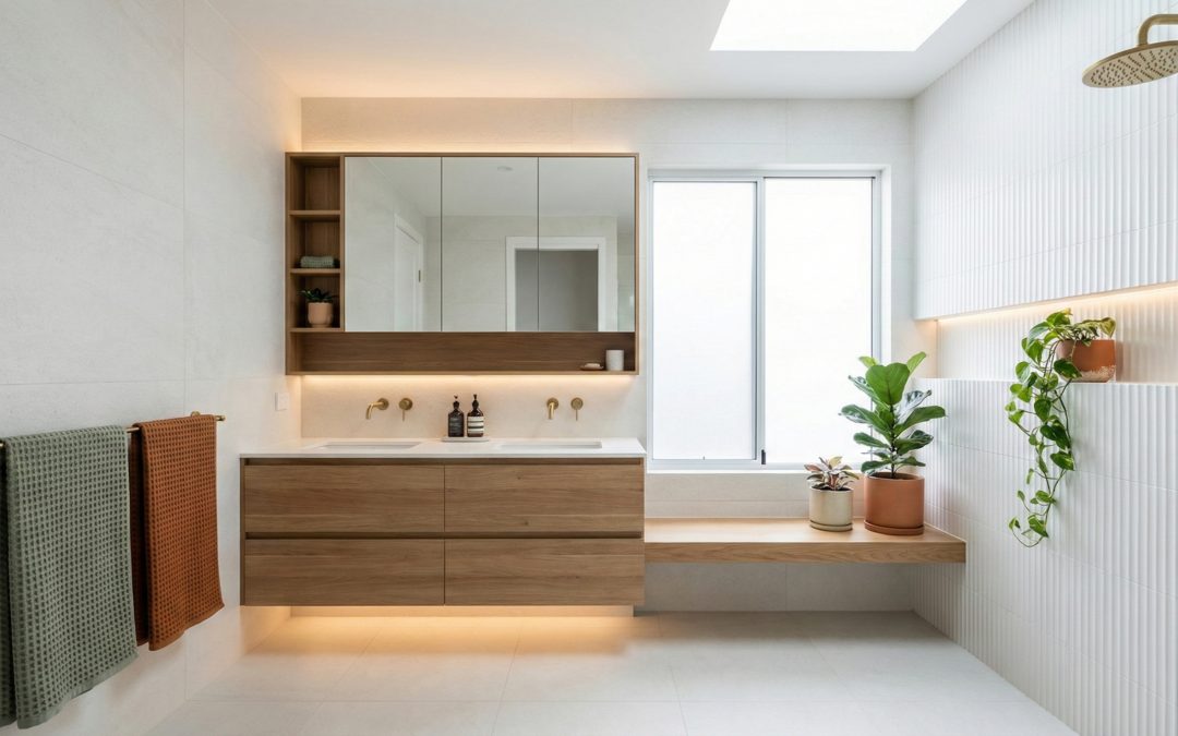 A modern bathroom renovation demonstrating the 60:30 colour rule with neutral wall tiles, a contrasting vanity, and subtle accent details for a balanced interior design.