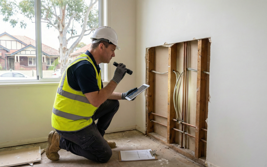 A building inspector assessing the structural condition of a Sydney home before renovation, checking framing, plumbing, and electrical systems.