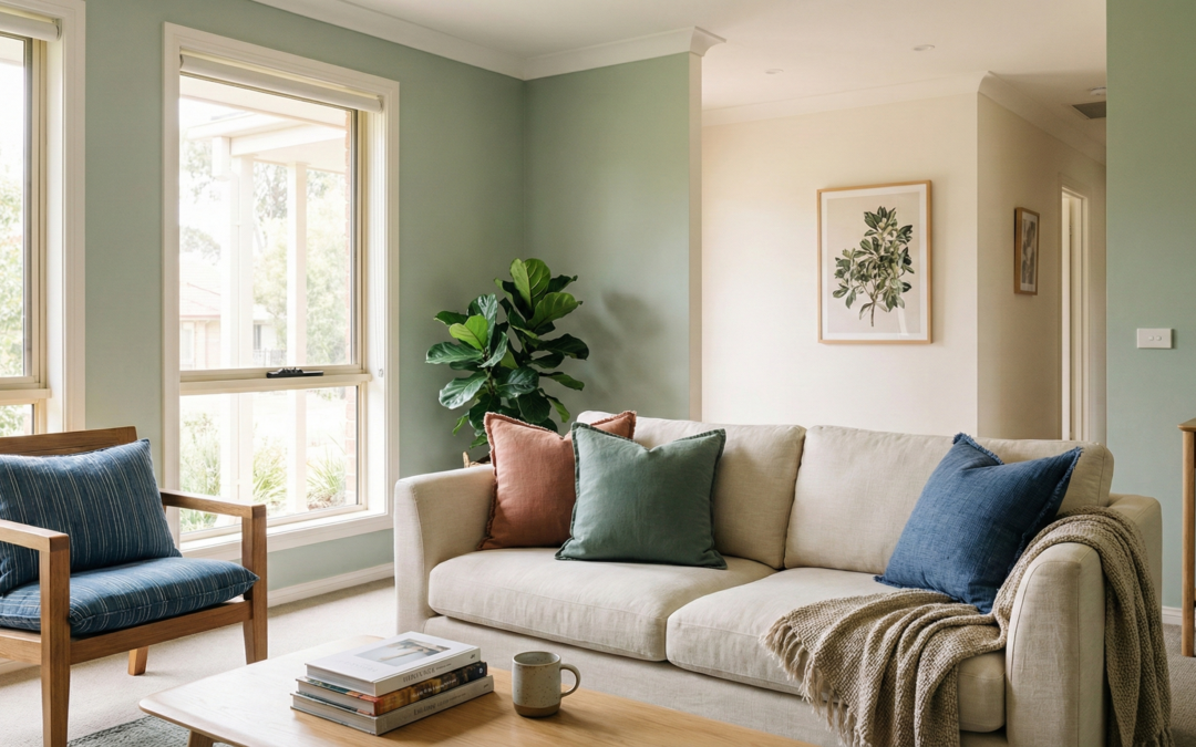 A warm and emotionally inviting home interior featuring a balanced colour palette designed to promote comfort, calm, and wellbeing.