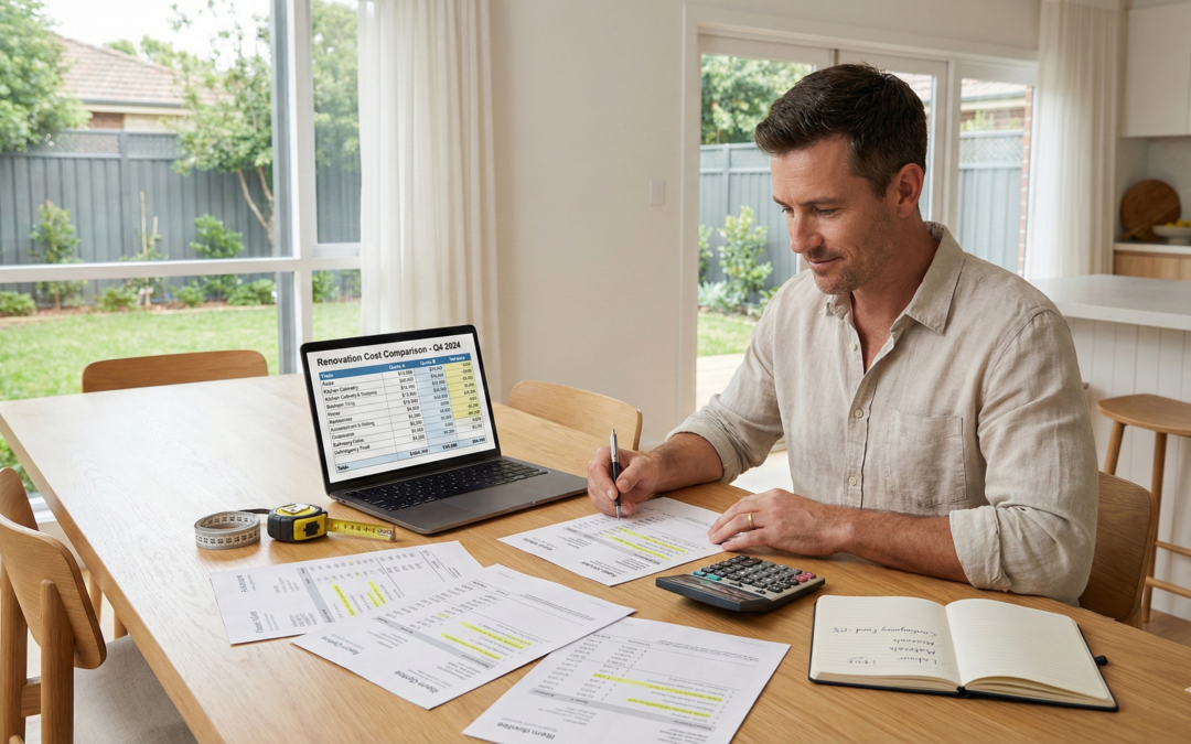 Homeowner comparing multiple renovation quotes and a cost spreadsheet to plan a renovation budget and avoid cost blowouts.