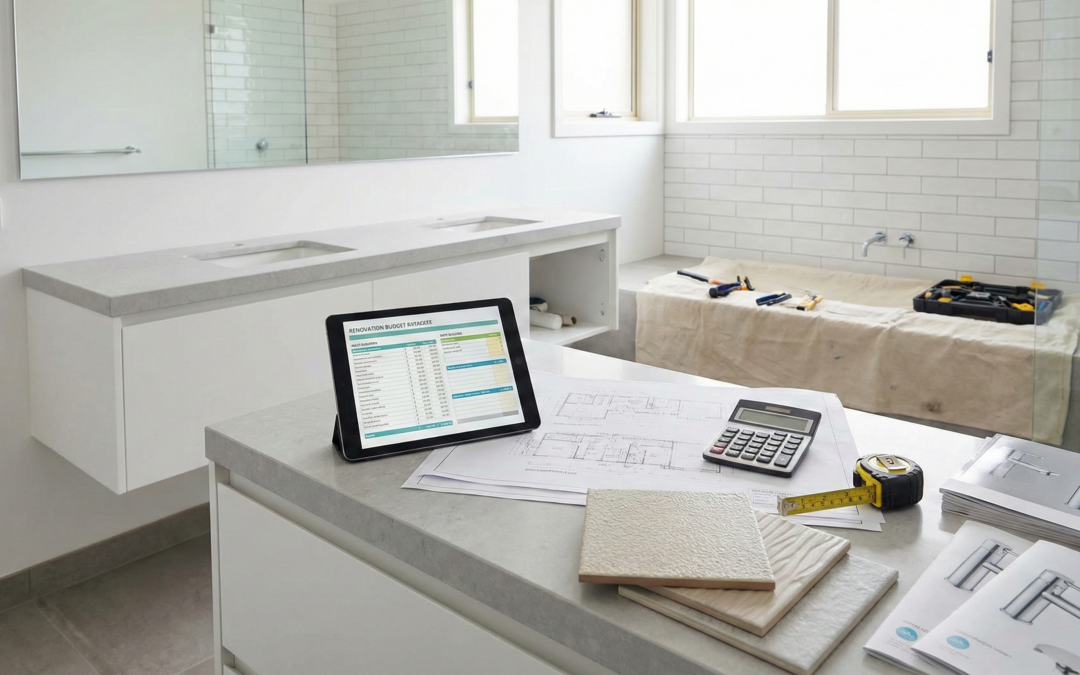 A professional renovation consultant reviews a detailed budget spreadsheet on a tablet with a homeowner couple seated at a wooden table. A clipboard containing quotes and contracts, ceramic tile samples, a tapware brochure, and a calculator are arranged on the table. The background shows a kitchen mid-renovation with protective plastic sheeting on the countertops.