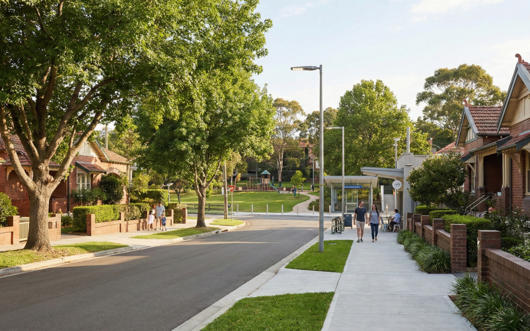 A Sydney residential street with strong curb appeal, green spaces, and transport access illustrating factors beyond renovations that raise property value.