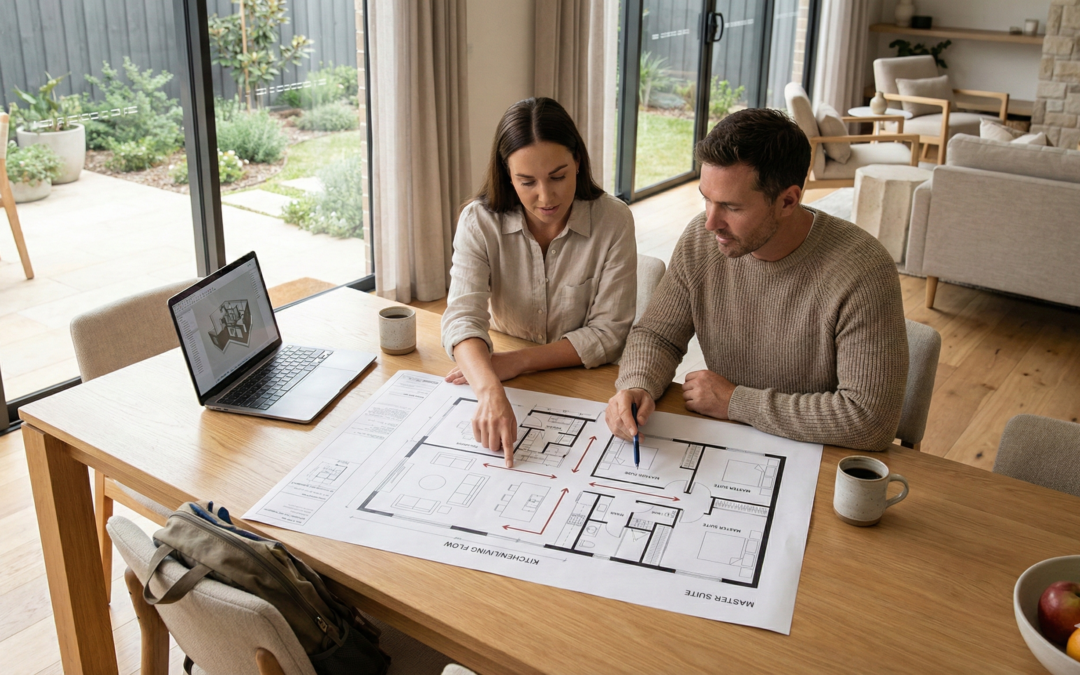 Family reviewing a home floor plan at a table, showing how lifestyle needs and room flow are planned to create a functional home layout.