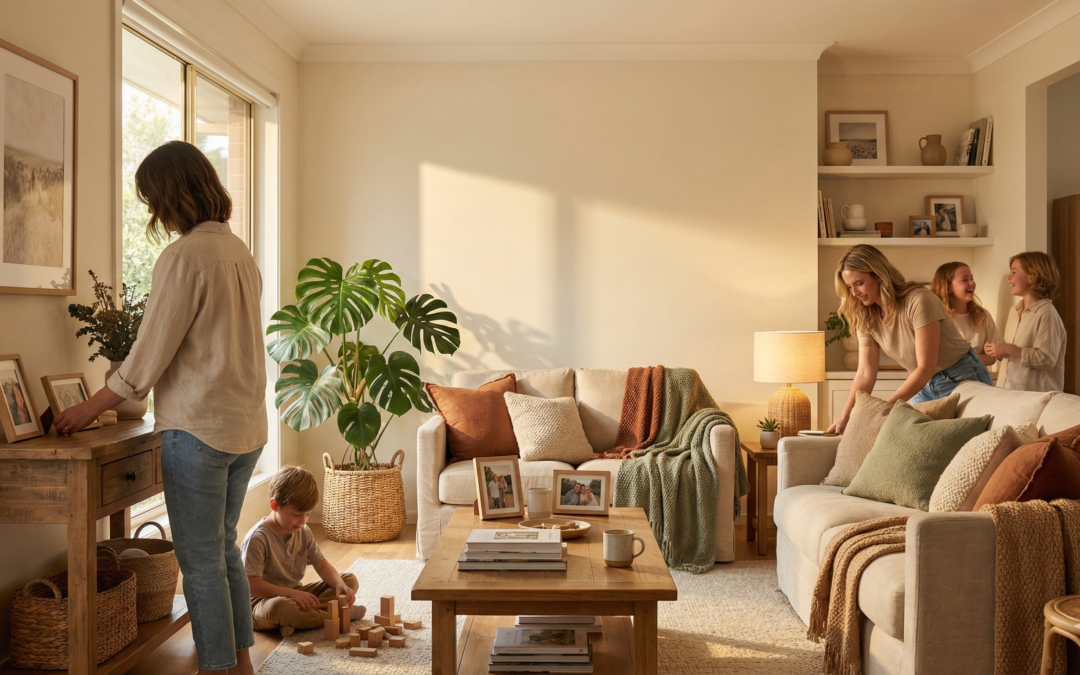 A warm Australian family living room with children playing and personal decor, showing how shared moments and thoughtful design turn a house into a home.