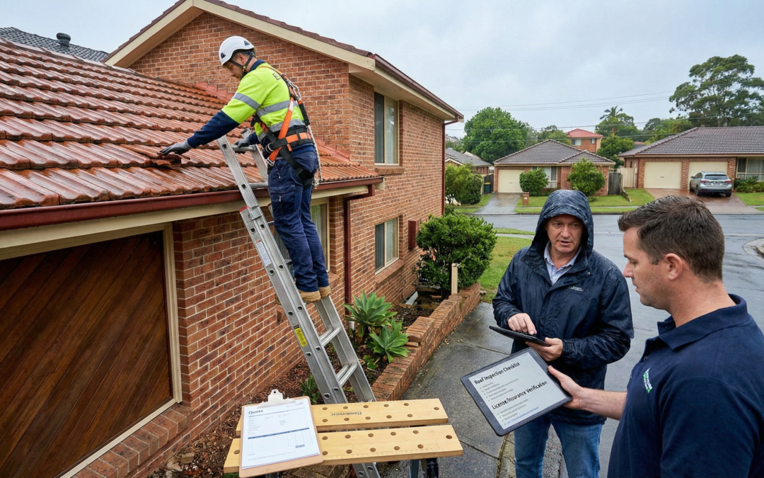 Licensed roof repair handyman inspecting a Sydney home roof with safety equipment, helping homeowners choose a trustworthy roof repair professional.
