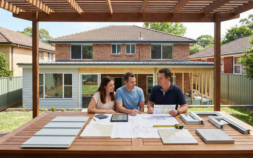 A Sydney suburban house with a single-storey ground floor extension and renovation plans, cost breakdown documents, and material samples, illustrating how to manage a ground floor extension budget effectively.