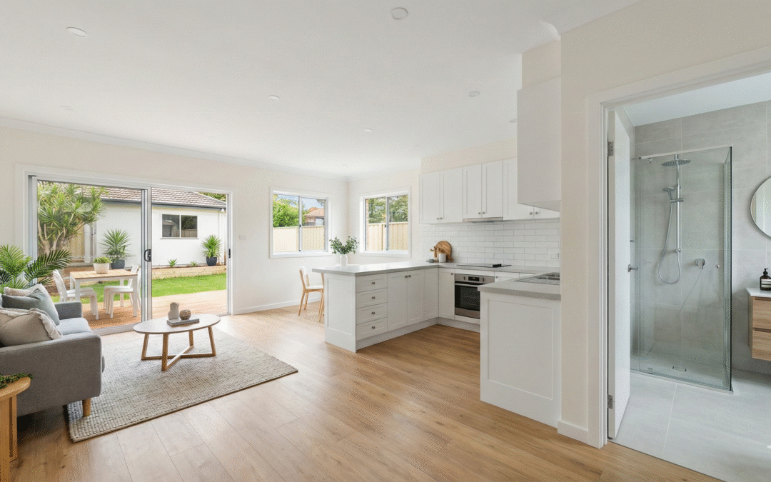 Light-filled open-plan living space featuring a modern white kitchen, timber flooring, lounge area with sofa, sliding doors to a garden patio, and an adjacent ensuite bathroom with glass shower.