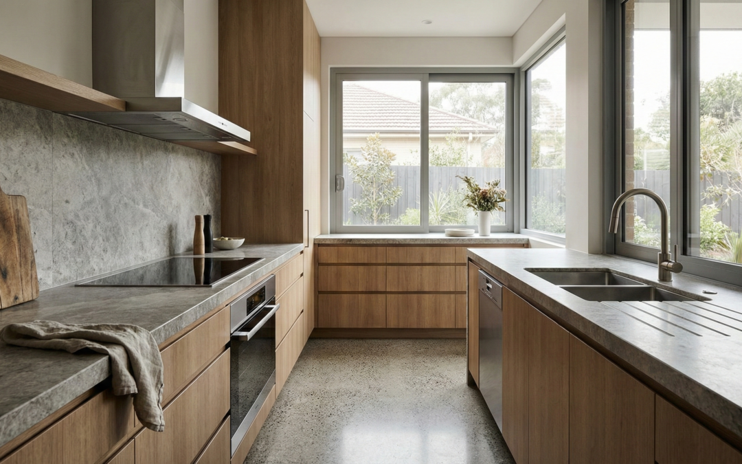 A modern kitchen showing durable cabinets, stone benchtops, appliances, and fixtures that represent the typical lifespan of kitchen materials and appliances.
