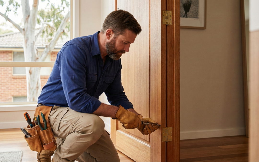 A professional handyman carrying out careful home repairs inside a Sydney house, demonstrating reliable and trustworthy handyman services.