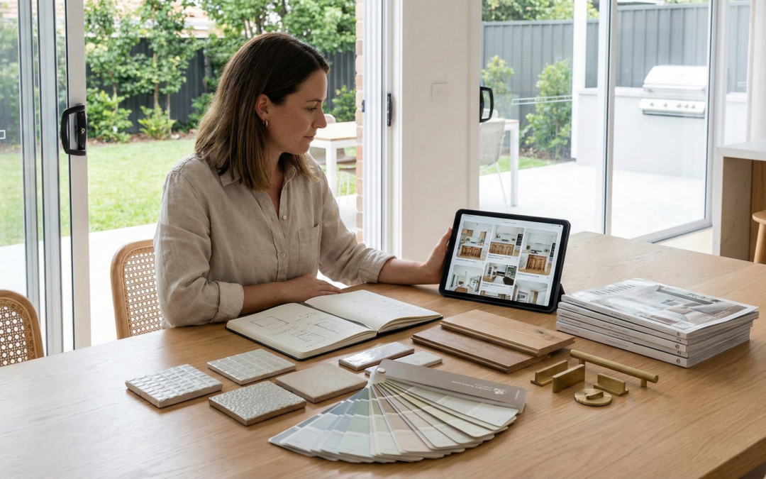 A Sydney homeowner reviewing renovation design inspiration with material samples and mood boards during the planning stage of a home renovation.