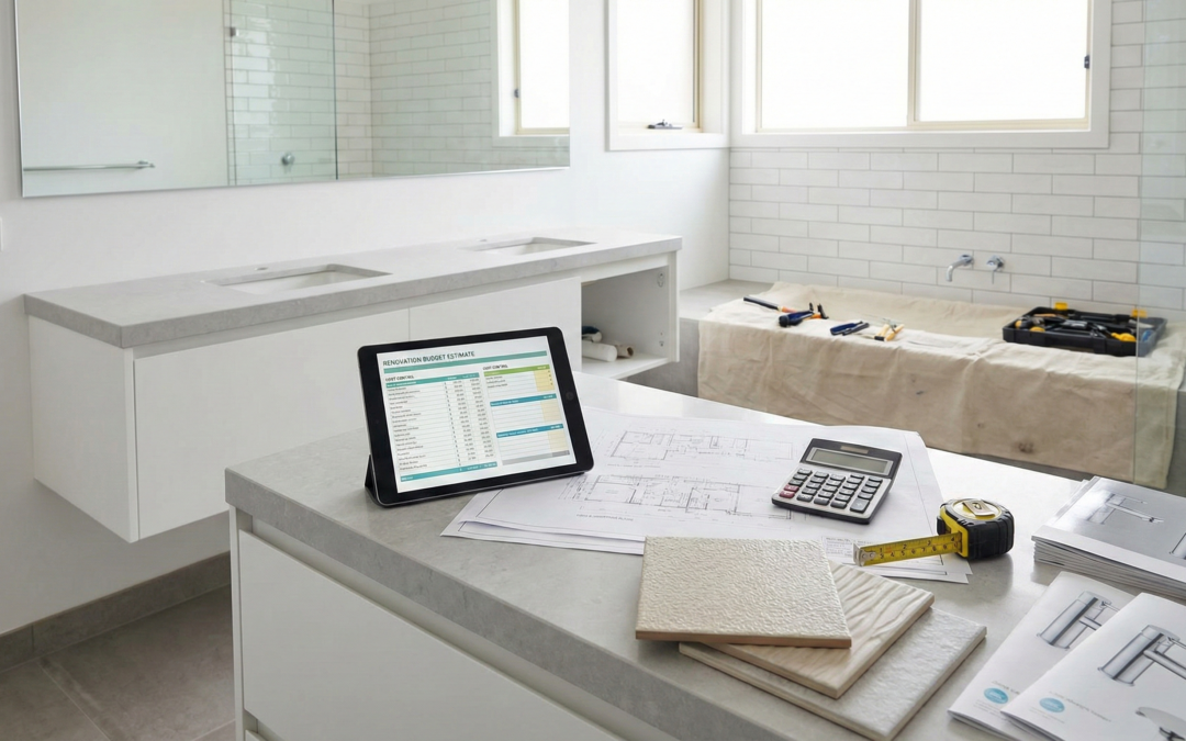 A modern bathroom under renovation, featuring a tablet displaying a "Renovation Budget Estimates" spreadsheet, architectural blueprints, a calculator, tape measure, tile samples, and tapware brochures arranged on a central counter. In the background is a installed double vanity and a bathtub area partially tiled with subway tiles and construction tools on a drop cloth.