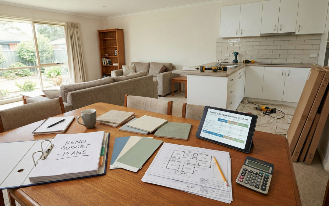 A bright, modest Australian home interior featuring a wooden dining table organized with renovation blueprints, paint swatches, and tile samples, representing smart financial planning for home improvements.