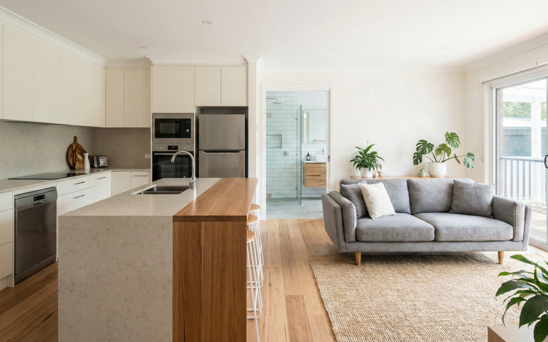 A modern Australian home interior showing a renovated kitchen and bathroom that appeal to buyer psychology.