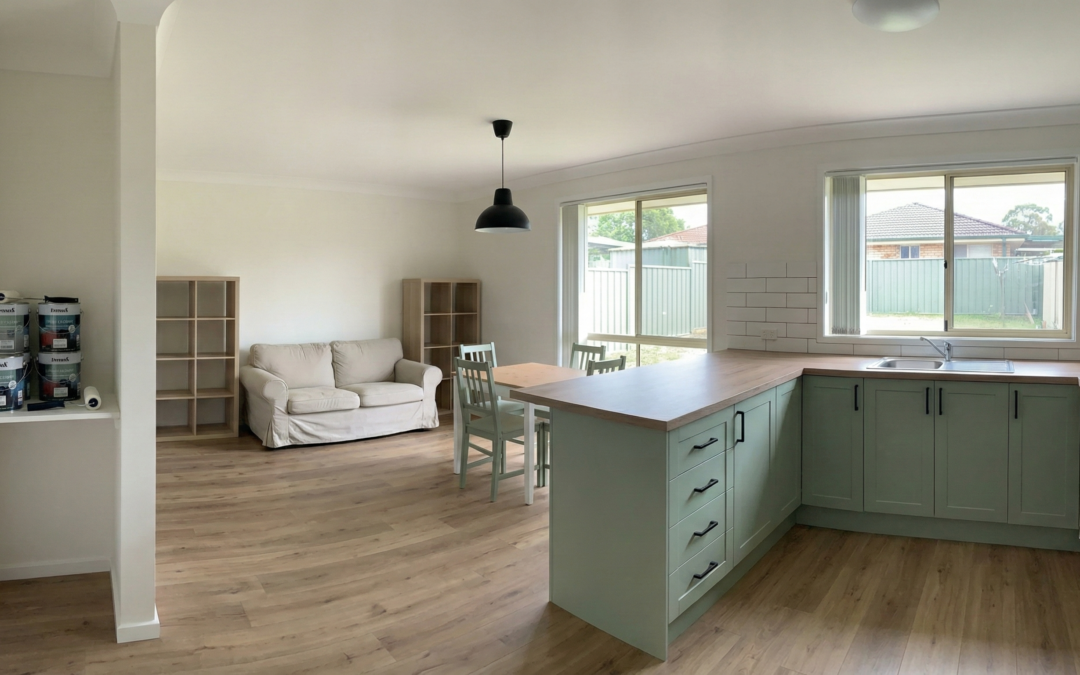 Budget home renovation in Sydney showing affordable cosmetic upgrades like fresh paint, updated lighting, and refreshed cabinetry