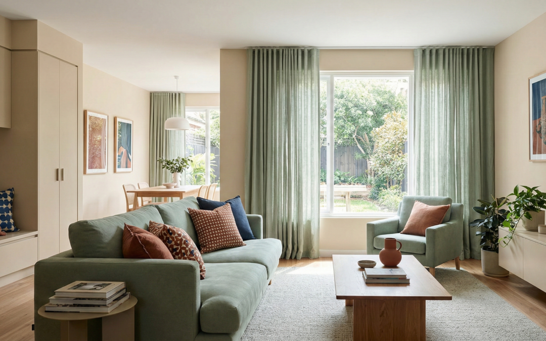 Balanced home renovation colour palette with neutral walls, soft furnishings and accent tones in a Sydney living space.