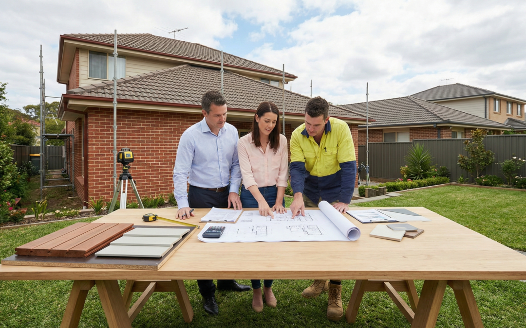 First floor home addition planning in Sydney showing architectural plans and material samples used to budget a second storey extension.