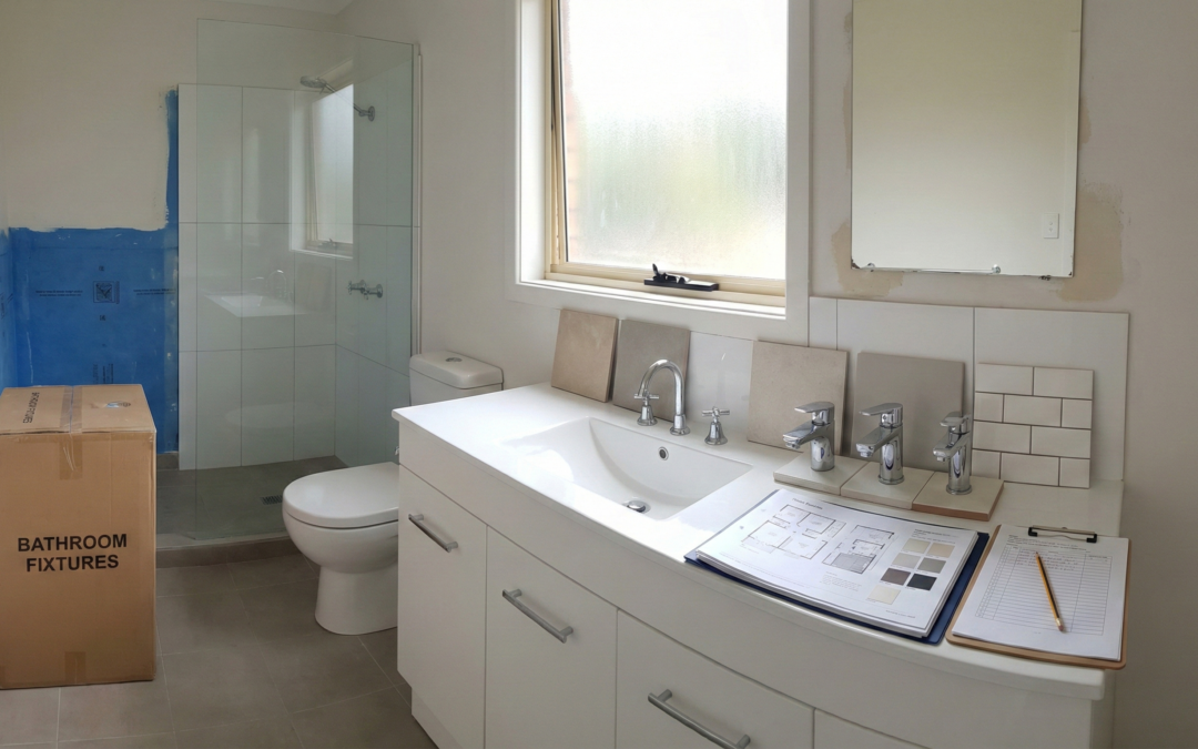 How to budget for a bathroom renovation in Sydney showing realistic planning with fixtures, tile samples, and renovation preparation