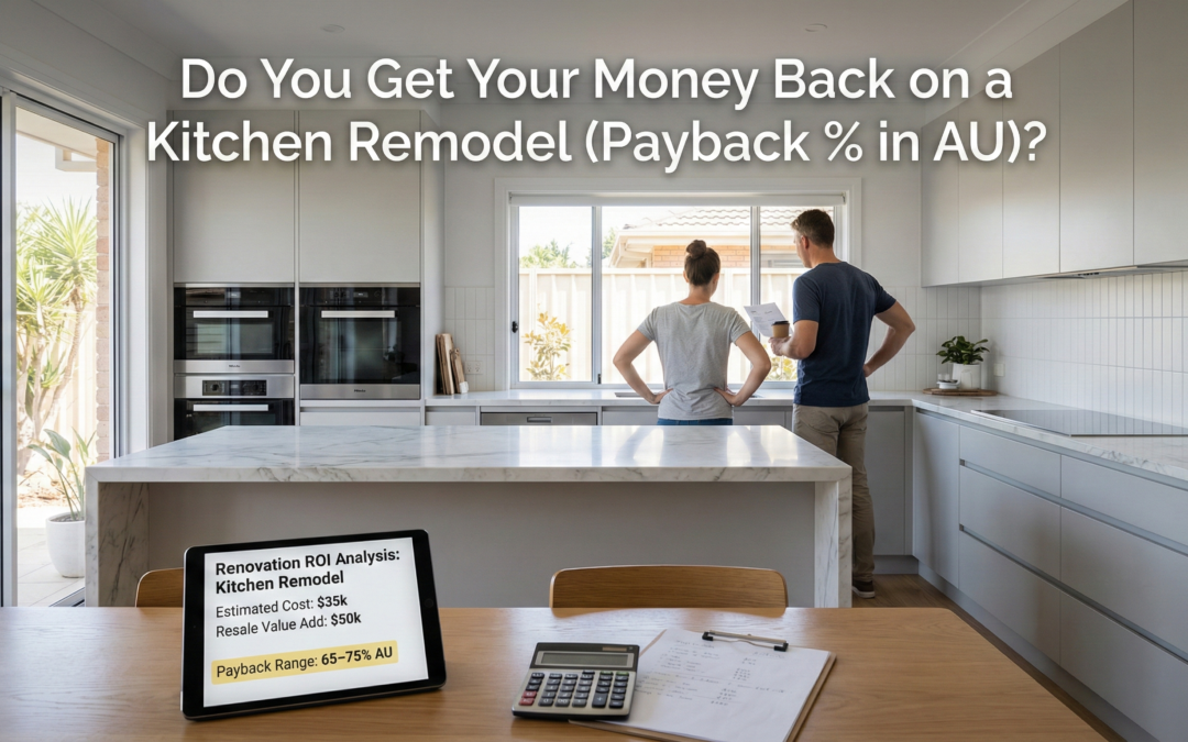 Modern Sydney kitchen renovation with stone benchtops and neutral finishes designed to maximise resale value and return on investment.