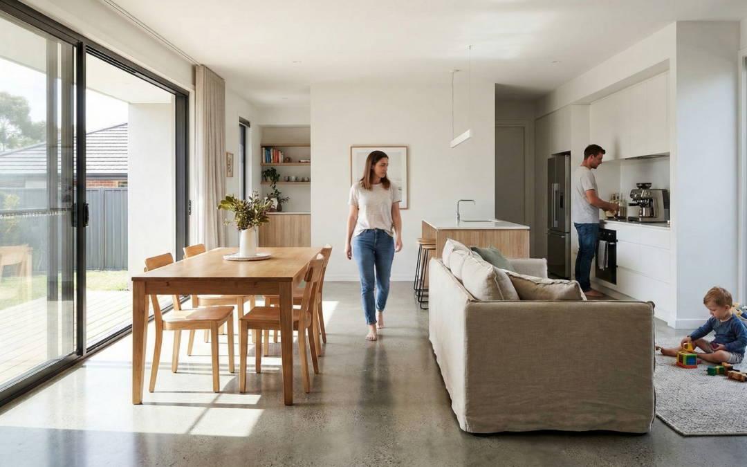 A bright Sydney family home interior showing a livable floorplan with clear traffic flow between kitchen, dining, and living areas, designed for comfortable daily movement.