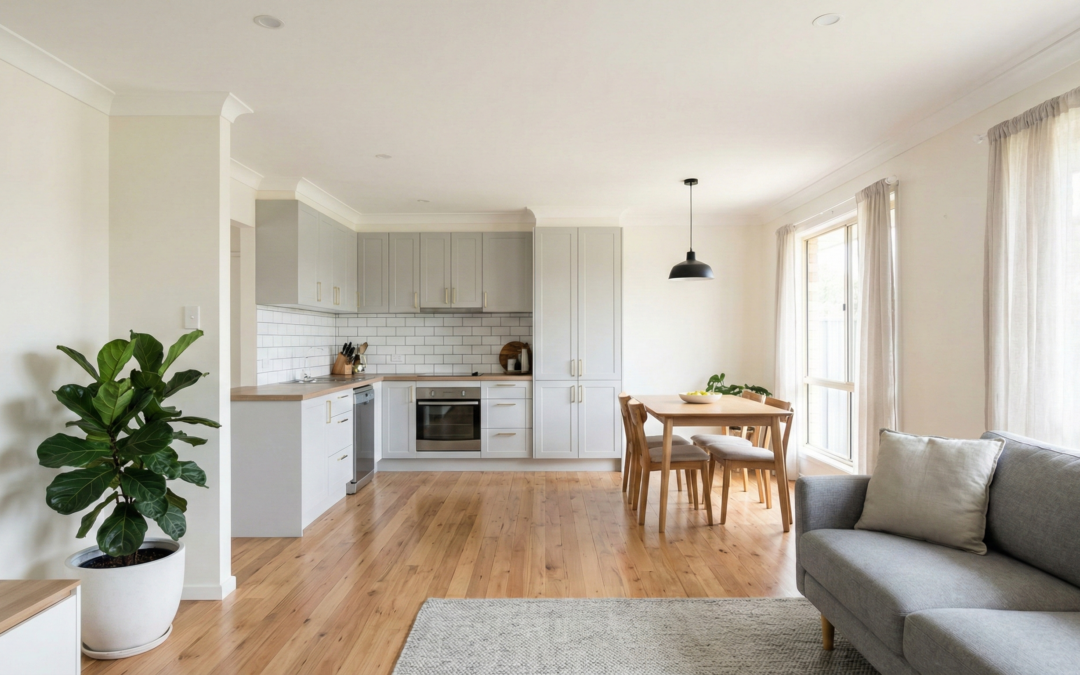 Sydney home interior showing budget renovation updates with fresh paint, simple kitchen refresh, modern lighting, and timber flooring