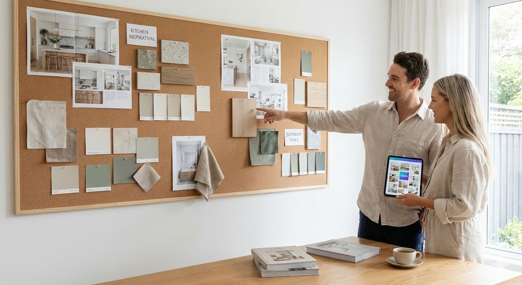 Home renovation vision board with design inspiration images, colour swatches, and material samples used to plan a home remodel.