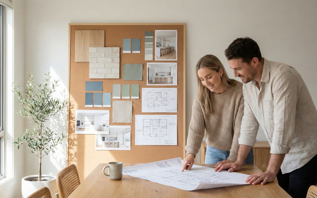 Homeowner organising a detailed renovation vision board with tile samples, fixtures, and layout plans before starting a bathroom renovation in an Australian home.