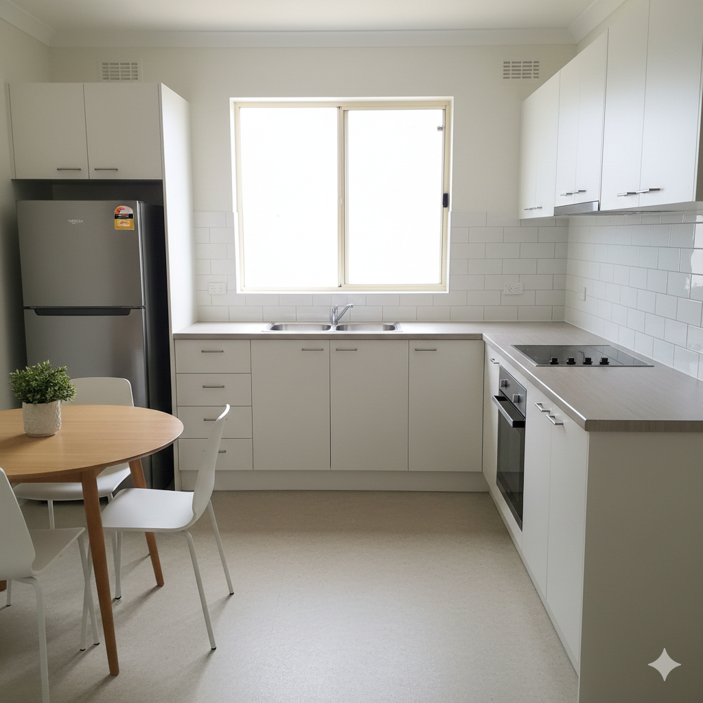 A wide, bright interior shot of a clean and functional modern budget kitchen renovation in a Sydney home, featuring laminate benchtops, simple flat-panel cabinetry, and standard stainless steel appliances.