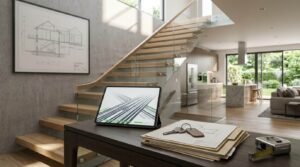 Digital tablet, house keys, project files, blueprints, and measuring tape on a console table in front of a modern floating staircase and framed architectural drawing.