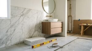 Modern bathroom undergoing renovation featuring installed marble wall tiles, a floating wood vanity, brass fixtures, and tiling tools on the floor.