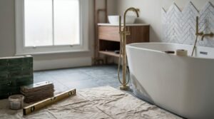 Modern bathroom under renovation with a freestanding white bathtub, brushed brass floor faucet, drop cloth, spirit level, and stacked green tiles.