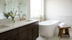 Modern master bathroom featuring a dark wood double vanity with white quartz countertop, brushed gold gooseneck faucet, freestanding oval soaking tub, floor-mounted brass tap, and a glass-enclosed shower reflection.