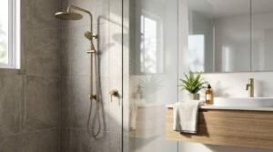 Modern walk-in shower with brushed brass twin shower system, grey stone tiles, glass screen, and floating timber vanity with matching brass tapware.