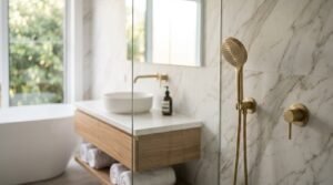 Modern walk-in shower with brushed brass handheld shower wand and mixer against Calacatta marble wall tiles, adjacent to a floating timber vanity with a vessel sink and freestanding bathtub.