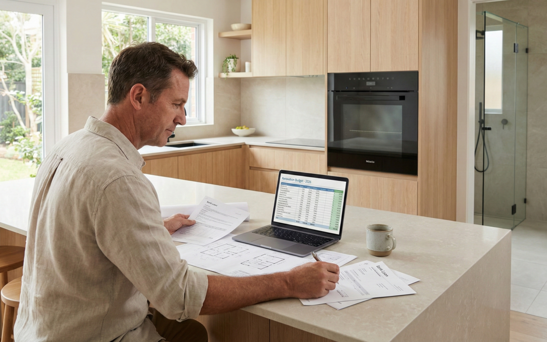 Australian homeowner reviewing home improvement loan options while planning a kitchen or bathroom renovation