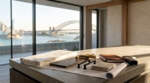 Architectural material mood board with Calacatta marble, timber plank, brass tapware, black handles, tile samples, laser measure, and blueprints on a concrete island overlooking Sydney Harbour and the Harbour Bridge.