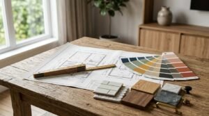 Home renovation design workspace featuring house floor plans, a vintage wooden folding ruler, an expanded paint swatch fandeck, tile and wood samples, and cabinet hardware on a rustic table.