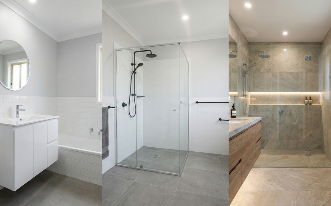 Sydney bathroom renovation showing cosmetic, mid-range, and full renovation outcomes at different budget levels