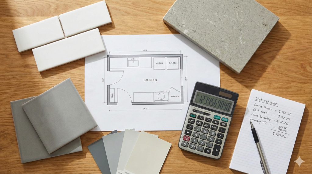 Top-down flat lay home renovation photo of a laundry floor plan, tile and cabinetry samples, a calculator, and notes spread on a kitchen table for budget and design planning.