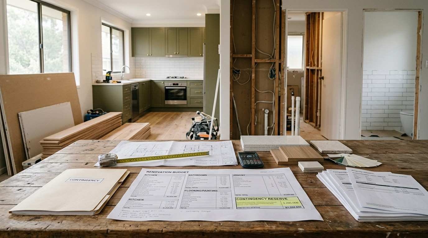Sydney renovation budgeting scene with kitchen and bathroom upgrades, planning documents, comparable sales, and a protected contingency reserve illustrating disciplined renovation spending.