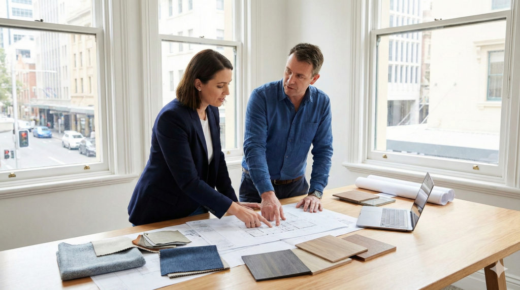 A professional collaborative consultation photograph in a Sydney studio, showing a business owner and a designer reviewing architectural plans and material samples for an office renovation, in natural daylight.