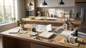 Architectural floor plan blueprints, a miniature house model, stacks of cash, coins, house keys, measuring tapes, and project binders arranged on a wooden kitchen island table.