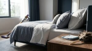 Dusty wooden bedside nightstand with a folded microfiber cloth and feather duster in the foreground, next to a made bed and a cordless stick vacuum cleaning the carpet by the window.